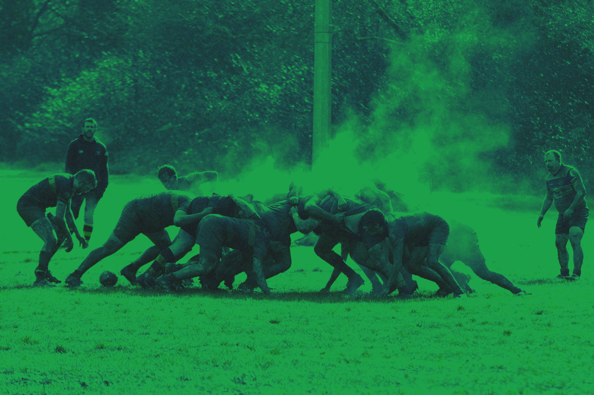 Rugby scrum with steam rising